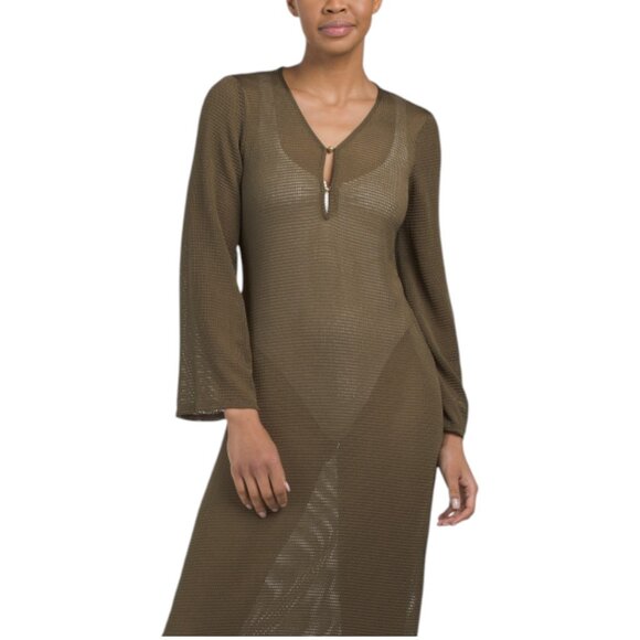 gold mesh cover up dress Final Sale Plus Size Mesh Cover-Up Dress with Cutout Front and Fringe Trim in Yellow main image 1